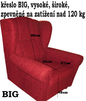 křeslo ušák Big sedák 48cm, opěradlo 85cm,širší +5cm, zpevněný na váhu120kg+