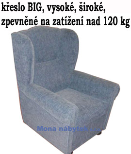 křeslo ušák Big, sedák 48cm, opěradlo 85cm,širší +5cm, zpevnění na zátěž 120kg+ 